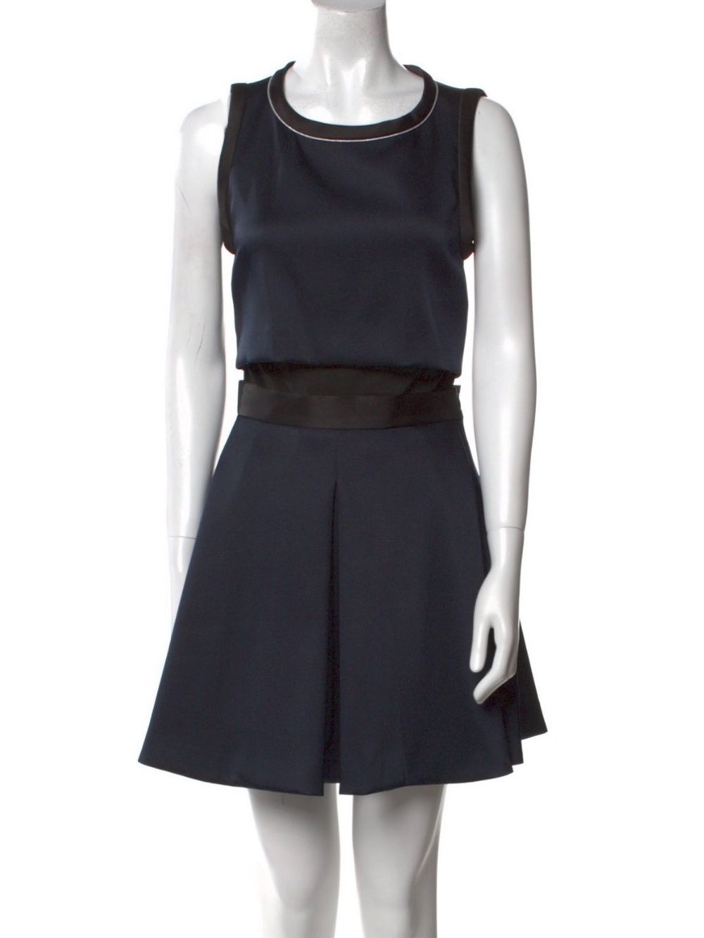 Maje Navy Sleeveless Fit-and-Flare Dress with Black Waistband